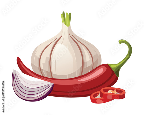 A single, potent white garlic bulb next to vibrant hot red chili peppers, with sliced onion, key aromatic elements in savory cooking - Vector Illustration