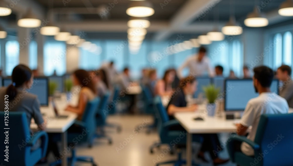Fototapeta premium A blurred image of a modern office space with people working at work