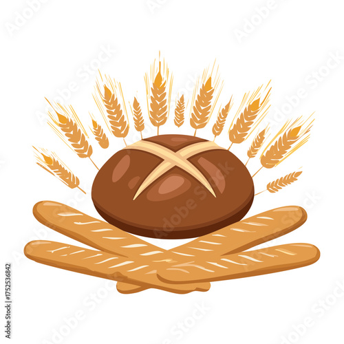 Central round loaf of whole-wheat bread surrounded by crispy baguettes and golden wheat stalks, symbolizing a bountiful grain harvest and quality baking - Vector Illustration