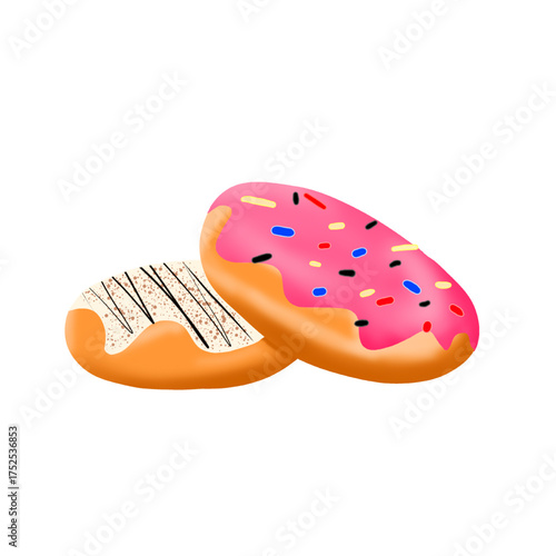 Illustration of two sweet donuts with pink and white glaze, decorated with colorful sprinkles. Perfect for design elements related to food, sweets, dessert and pastry shop.