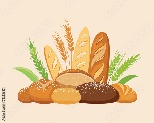 Abundance of fresh, golden baked goods, including various bread loaves, buns, and baguettes, nestled among stalks of ripe golden wheat - Vector Illustration