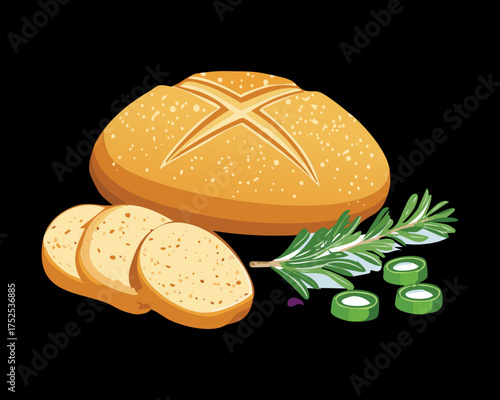 Crusty round sourdough loaf with sliced bread and scattered green olives, an appetizing arrangement for a Mediterranean-style food background or design - Vector Illustration