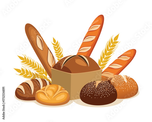 Collection of gourmet artisan breads including french baguettes, whole grain loaves, and dark rolls, grouped together for a delicious baking advertisement - Vector Illustration