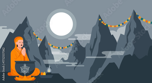 Serene Buddhist Monk Meditating Under Moonlight in Mountainous Landscape
