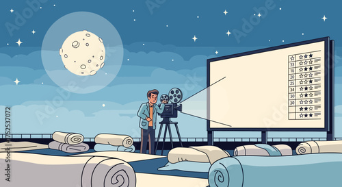 Rooftop cinema illustration with vintage camera under a full moon and movie reviews
