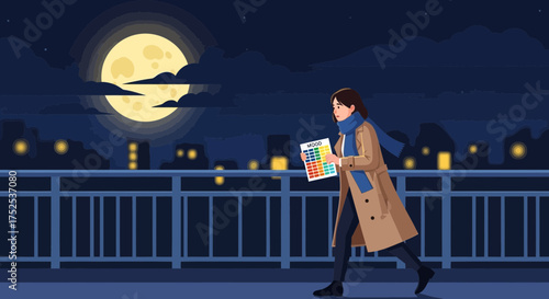 Woman contemplating color choices under the moonlight cityscape design