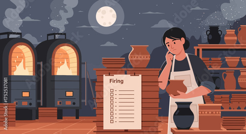 Night Pottery Studio: Craftswoman Contemplates Firing Schedule Under Moonlight