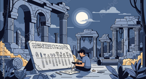 Studious decipherment of hieroglyphs amidst classic architectural ruins at dusk