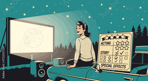A retro movie night illustration under the stars with vintage cinema vibes