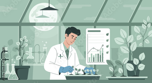 Scientist conducting plant growth research in modern laboratory with seedlings