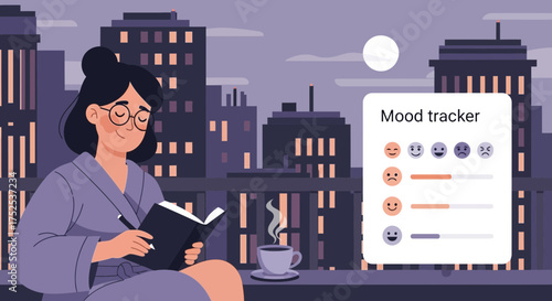 Woman in robe writing in journal with city view and mood tracker illustration