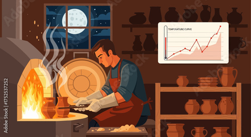The Craft of Ceramic Firing: A Potter Carefully Monitors the Temperature Curve