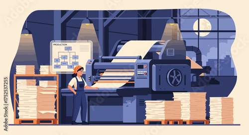 Vector illustration of paper production facility with worker and printing machine