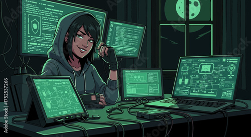 Digital realm: An enigmatic coder in a secure workstation crafting ingenious algorithms