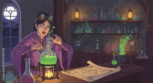Animated Alchemist: A Detailed Cartoon Illustration of a Woman Brewing a Potion