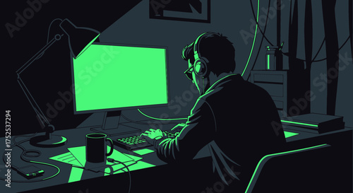 Nocturnal coder engrossed in digital world illuminated by a vibrant green monitor