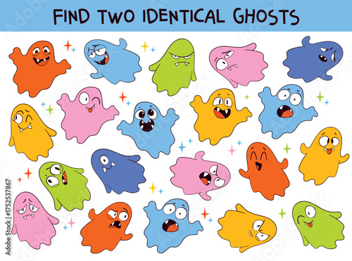 Funny puzzle game with cute colorful ghosts. Find two identical ghosts among many. Halloween educational activity for kids, cartoon vector illustration on white background. Spot it