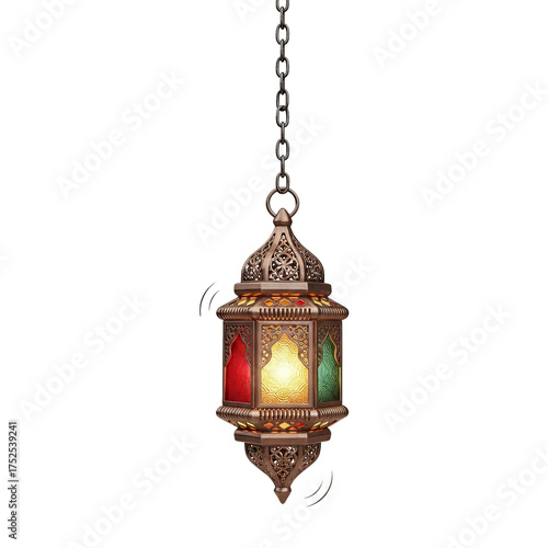 Ornate hanging lantern with red yellow and green stained glass on a chain on a transparent background