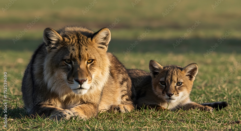 Obraz premium Lion and cub resting on grass with calm focused gaze showing bond and protection in natural wild habitat