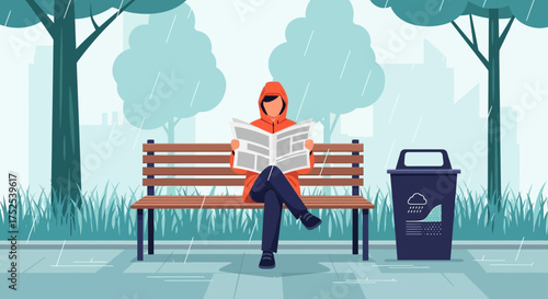 Solitude in the rain: Reading news on a park bench amid urban tranquility