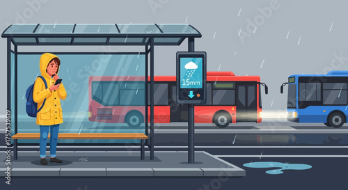 Rainy day waiting at the bus station with a digital weather information display
