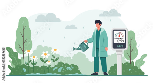 Gardener monitoring high humidity with digital display while watering daisy flowers