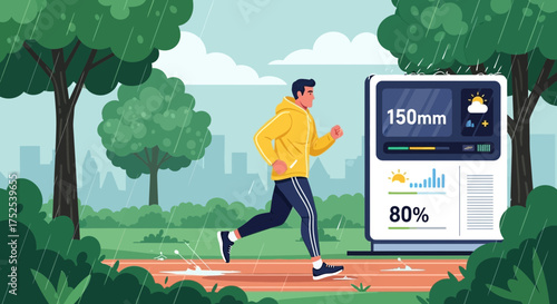 Dedicated runner pushing through rain on outdoor track with innovative weather data display