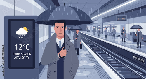 Urban commuters waiting at a subway station during a rainy season, using umbrellas