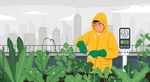 Rooftop urban gardener cultivates plants with tech tools in city backdrop