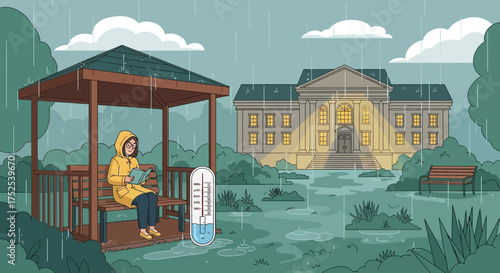 Rainy day solitude: A cartoon woman reading under a gazebo near university campus