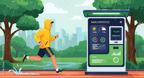 Urban runner tracking weather data, embracing fitness despite the rain conditions