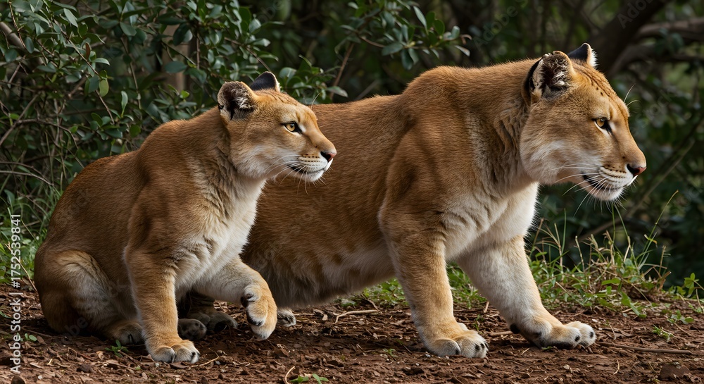 Fototapeta premium Two liger hybrids walking side by side on dirt path with alert posture and tawny fur surrounded by green foliage