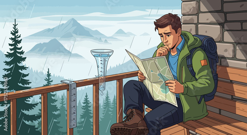 Pensive traveler checking map during rainy weather conditions in scenic landscape