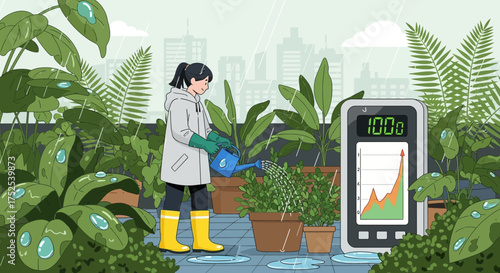 Rooftop gardener monitoring plant growth with a digital device during a rain shower