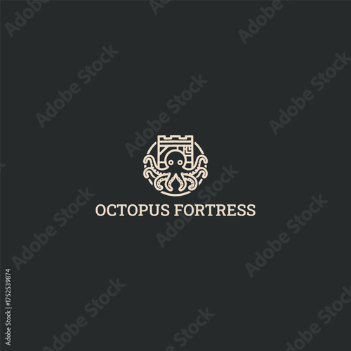 Octopus fortress logo style icon design template vector illustration
