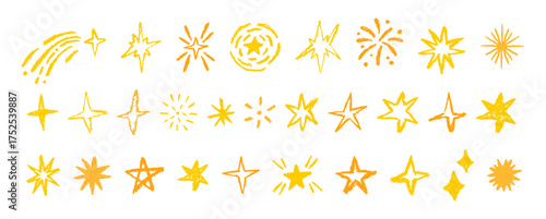Yellow stars and sparkles set. Stars isolated on white background. Set of pastel brush stars crayon elements.