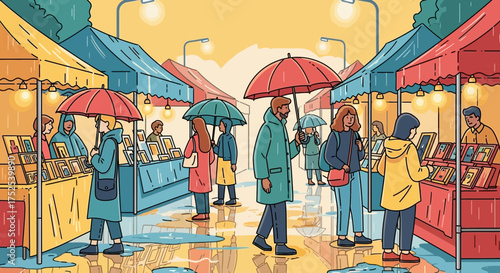 Rainy Day at the Outdoor Market with People Shopping Under Umbrellas, Illustrated Scene