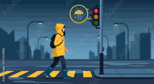 Pedestrian crossing street on a rainy day, wearing a yellow raincoat in urban area