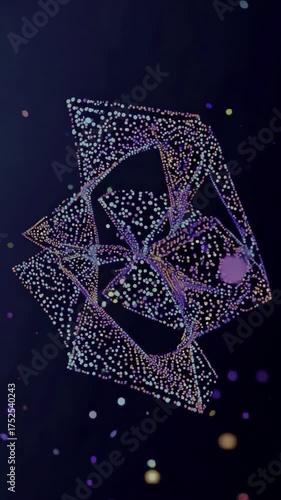 Colorful dots create evolving geometric patterns on a dark blue background