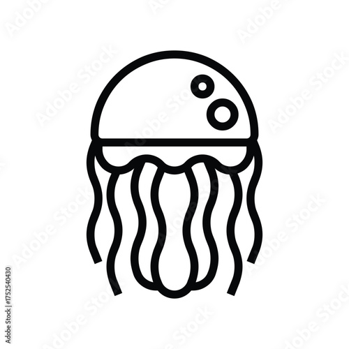 A simple bold blackandwhite illustration of a jellyfish with a rounded bell and long wavy tentacles. editable line icon