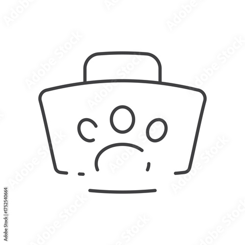An outline image of a bag or container with a handle and sad facial features. editable line icon