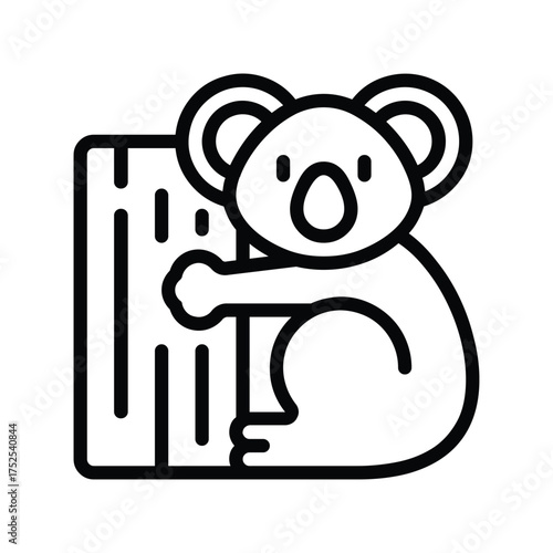 Black outlined koala clings to eucalyptus tree with distinct nose and eyes. editable line icon
