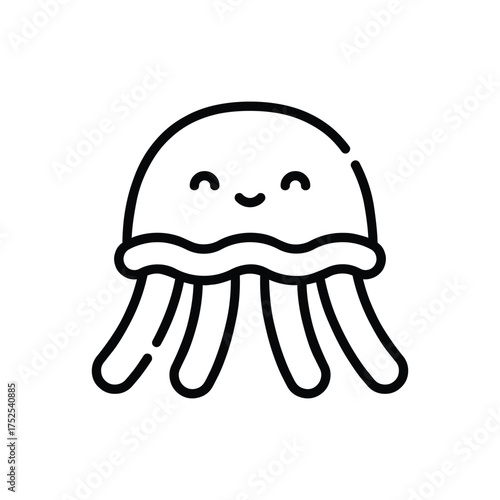 Blackoutlined jellyfish illustration with a happy face and tentacles. editable line icon