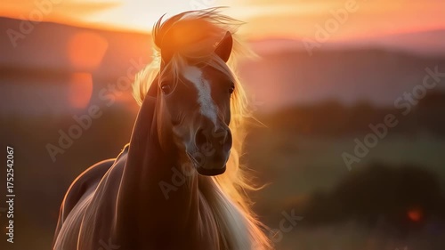 Cinematic view of horse’s mane flowing in wind, backlit by sunset