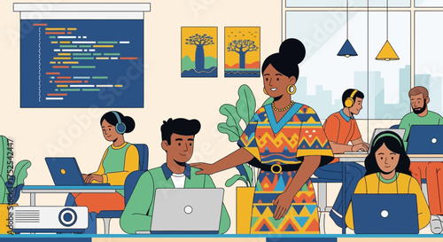 Modern coding class with diverse students learning programming with teacher assistance