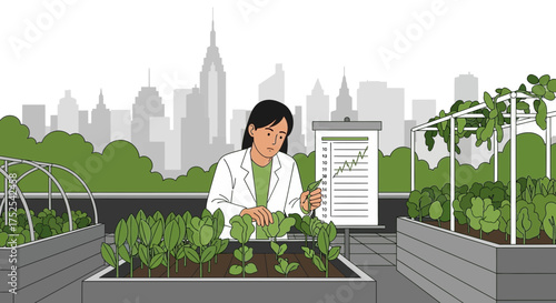 Urban agriculture research: Scientist analyzing plant growth on a rooftop farm