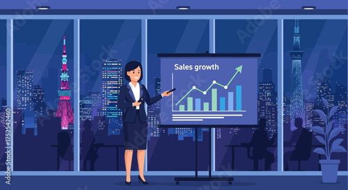 Professional business presentation with positive growth in a modern office