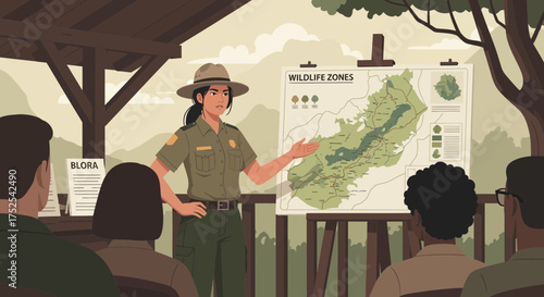 Ranger Explaining Wildlife Conservation Zones to Visitors Using Detailed Area Maps