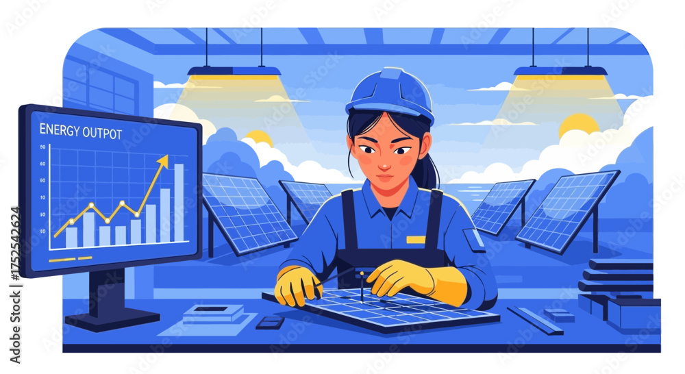 Fototapeta premium Female engineer optimizing solar panel energy efficiency in clean energy sector