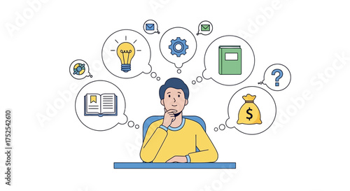 Conceptual illustration of thoughtful man surrounded by business and learning icons